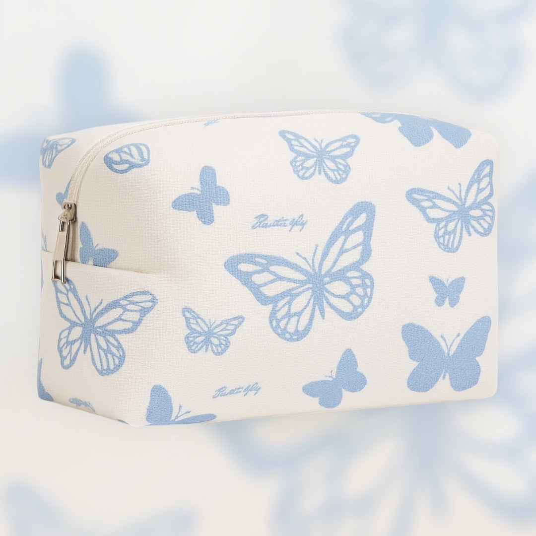 Portamaquillaje Blanco con Mariposas Azul, portamaquillaje de maquillaje, accesorios portamaquillaje maquillaje, ideal para rutinas de cuidado facial y skincare