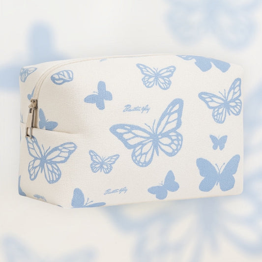 Portamaquillaje Blanco con Mariposas Azul, portamaquillaje de maquillaje, accesorios portamaquillaje maquillaje, ideal para rutinas de cuidado facial y skincare
